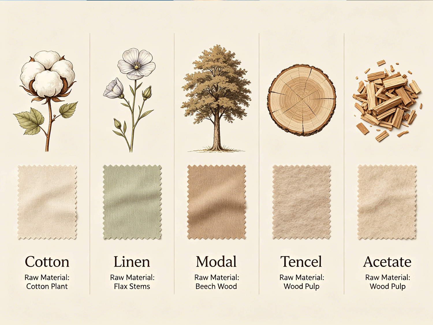 Plant-based and regenerated fibers: cotton, linen, modal, tencel, acetate Plant-based and regenerated fibers: cotton, linen, modal, tencel, acetate
