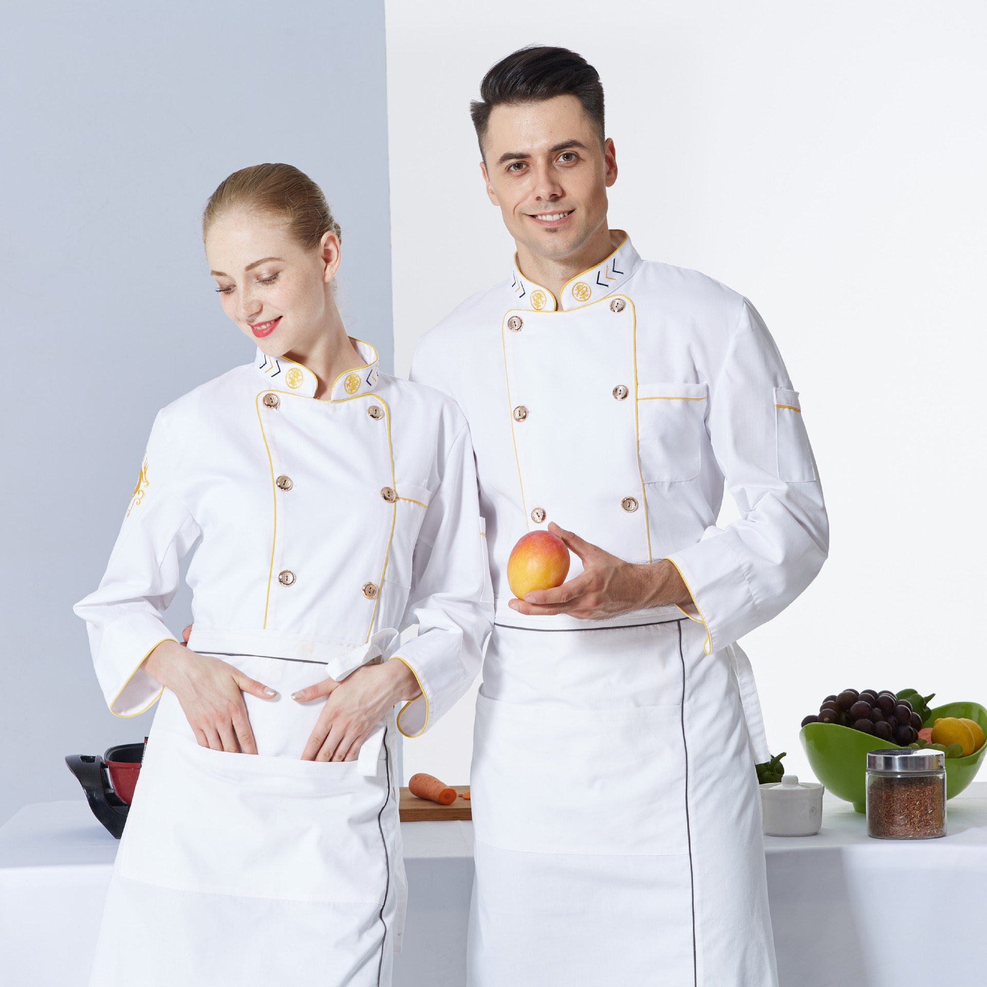 Luxo chinês Uniformes Chef | Ouro Accent Design | Fabricante direto